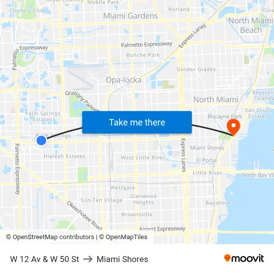 W 12 Av & W 50 St to Miami Shores map