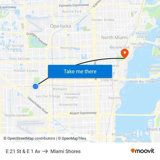 E 21 St & E 1 Av to Miami Shores map
