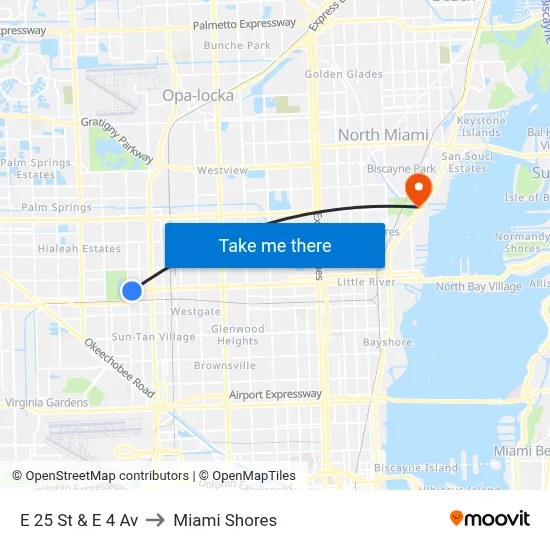 E 25 St & E 4 Av to Miami Shores map