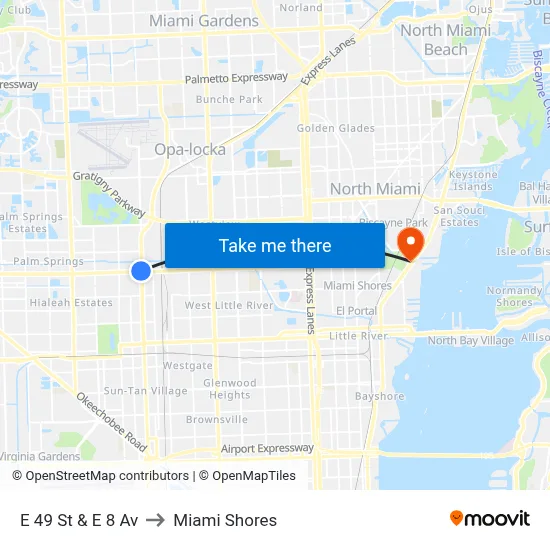 E 49 St & E 8 Av to Miami Shores map