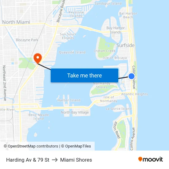 Harding Av & 79 St to Miami Shores map