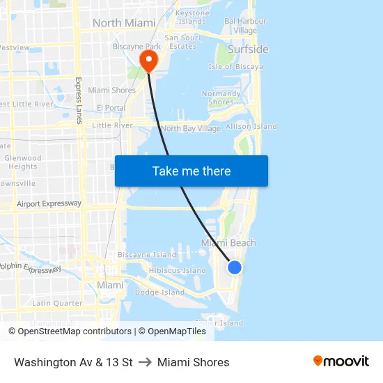 Washington Av & 13 St to Miami Shores map