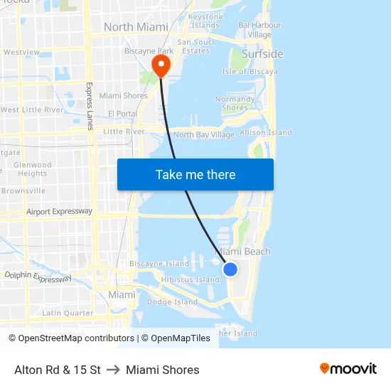 Alton Rd & 15 St to Miami Shores map