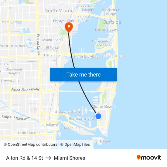 Alton Rd & 14 St to Miami Shores map
