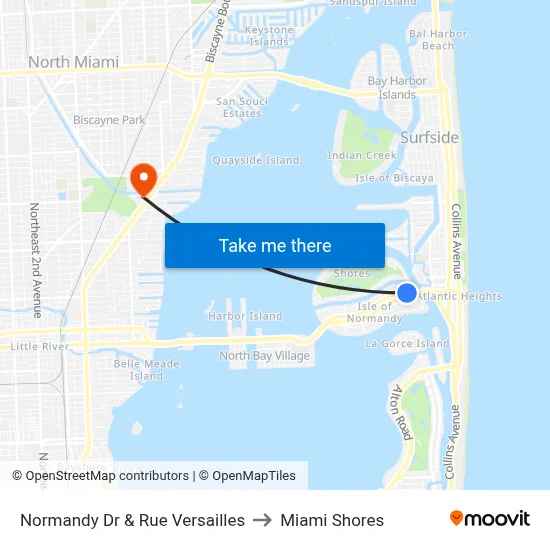 Normandy Dr & Rue Versailles to Miami Shores map