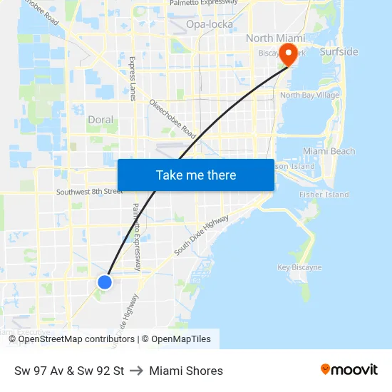 Sw 97 Av & Sw 92 St to Miami Shores map