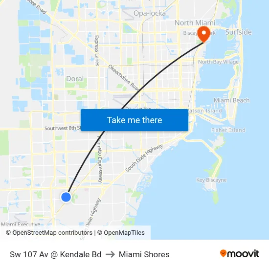 Sw 107 Av @ Kendale Bd to Miami Shores map