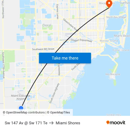 Sw 147 Av @ Sw 171 Te to Miami Shores map