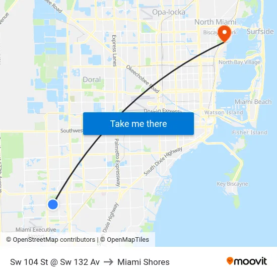 Sw 104 St @ Sw 132 Av to Miami Shores map
