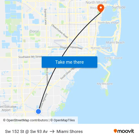 Sw 152 St @ Sw 93 Av to Miami Shores map