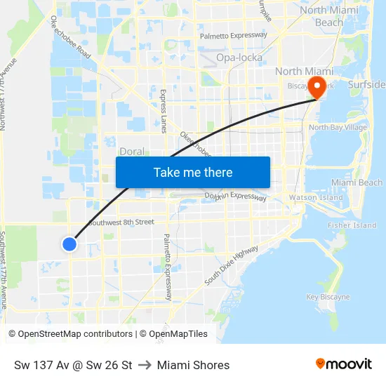 Sw 137 Av @ Sw 26 St to Miami Shores map