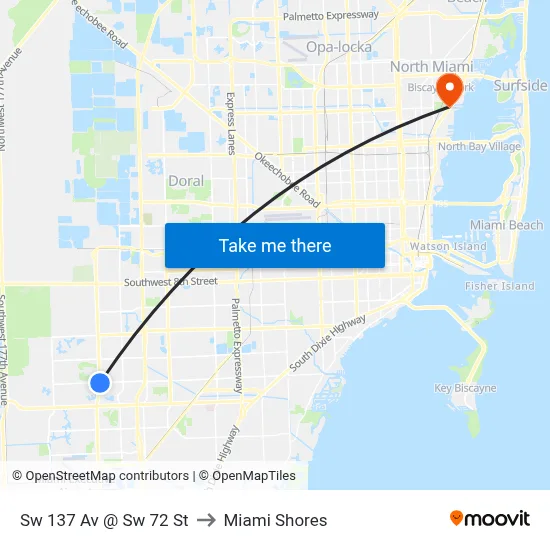 Sw 137 Av @ Sw 72 St to Miami Shores map