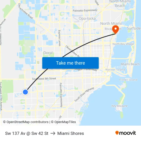 Sw 137 Av @ Sw 42 St to Miami Shores map