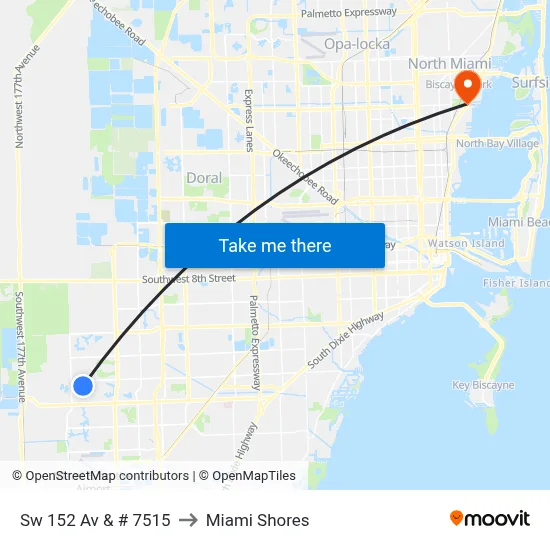 Sw 152 Av & # 7515 to Miami Shores map