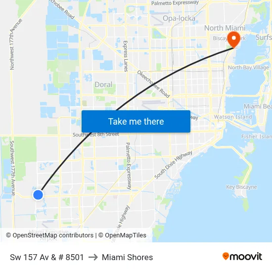 Sw 157 Av & # 8501 to Miami Shores map