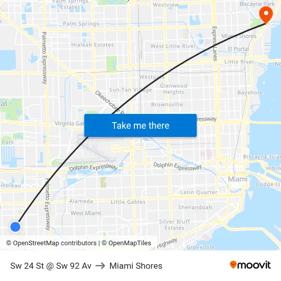 Sw 24 St @ Sw 92 Av to Miami Shores map