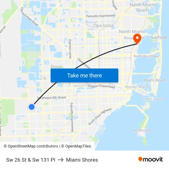 Sw 26 St & Sw 131 Pl to Miami Shores map