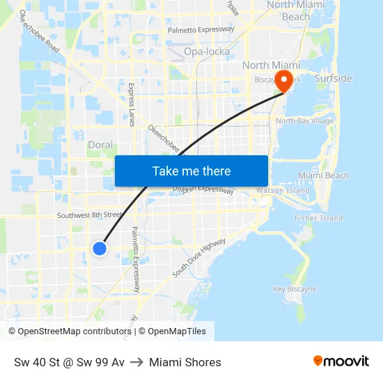 Sw 40 St @ Sw 99 Av to Miami Shores map