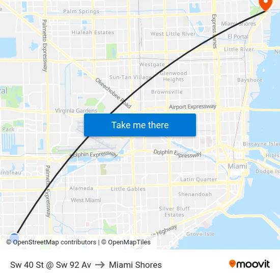 Sw 40 St @ Sw 92 Av to Miami Shores map