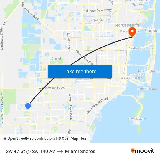 Sw 47 St @ Sw 140 Av to Miami Shores map