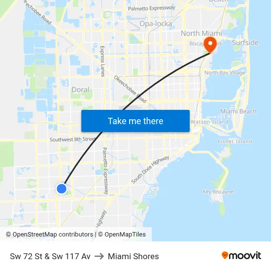 Sw 72 St & Sw 117 Av to Miami Shores map