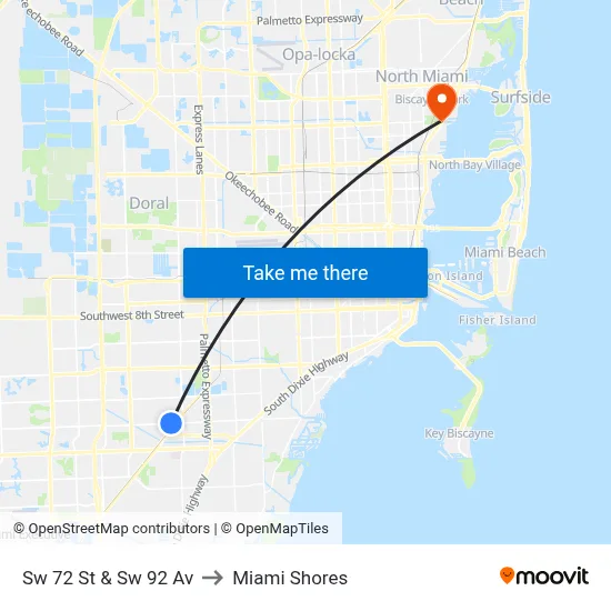 Sw 72 St & Sw 92 Av to Miami Shores map