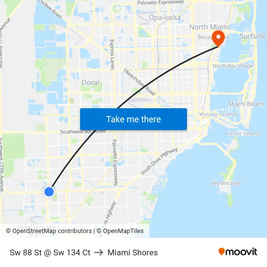 Sw 88 St @ Sw 134 Ct to Miami Shores map