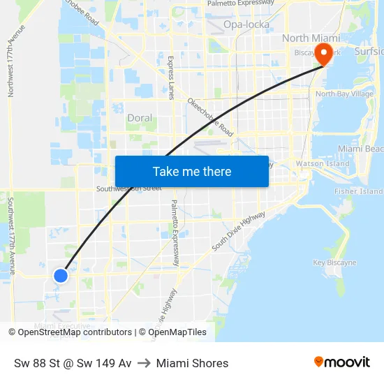 Sw 88 St @ Sw 149 Av to Miami Shores map