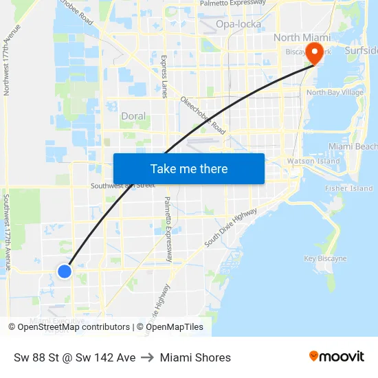 Sw 88 St @ Sw 142 Ave to Miami Shores map