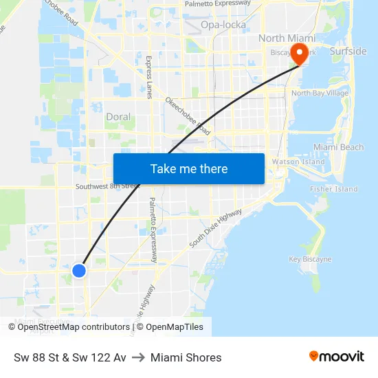 Sw 88 St & Sw 122 Av to Miami Shores map