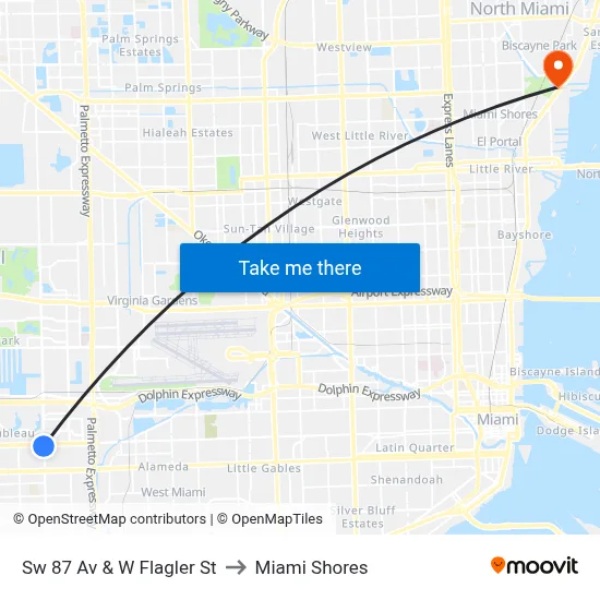 Sw 87 Av & W Flagler St to Miami Shores map