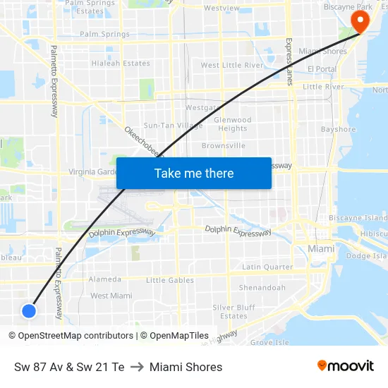 Sw 87 Av & Sw 21 Te to Miami Shores map