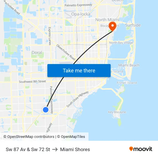 Sw 87 Av & Sw 72 St to Miami Shores map