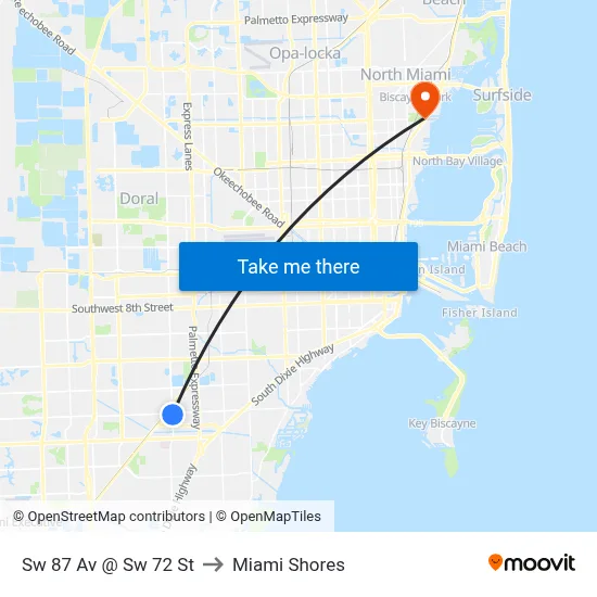 Sw 87 Av @ Sw 72 St to Miami Shores map