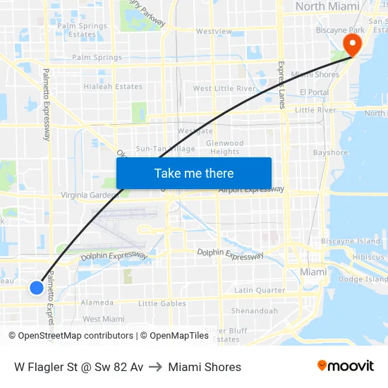 W Flagler St @ Sw 82 Av to Miami Shores map