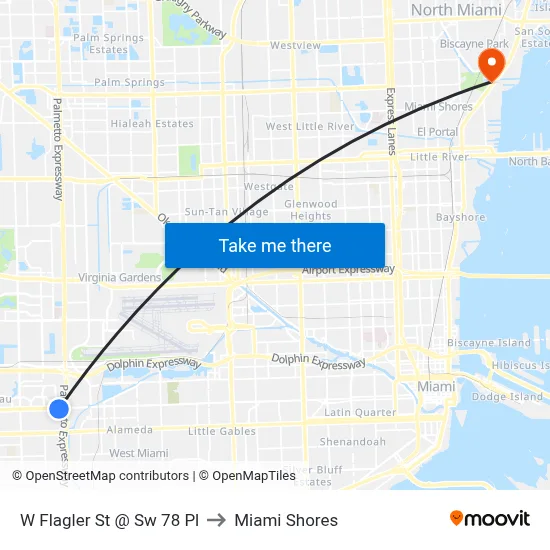 W Flagler St @ Sw 78 Pl to Miami Shores map