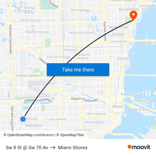 Sw 8 St @ Sw 70 Av to Miami Shores map