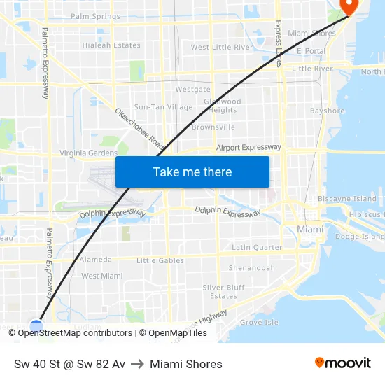Sw 40 St @ Sw 82 Av to Miami Shores map