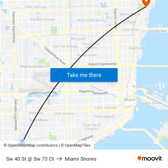 Sw 40 St @ Sw 73 Ct to Miami Shores map
