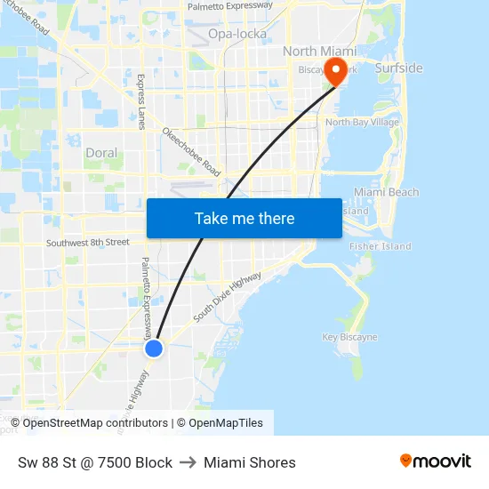 Sw 88 St @ 7500 Block to Miami Shores map