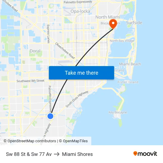 Sw 88 St & Sw 77 Av to Miami Shores map