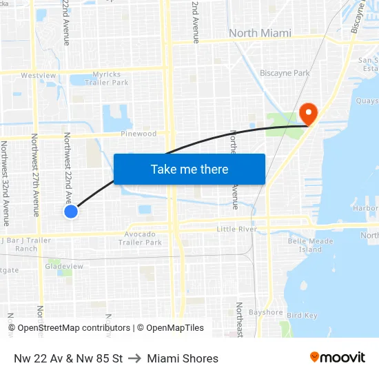 Nw 22 Av & Nw 85 St to Miami Shores map