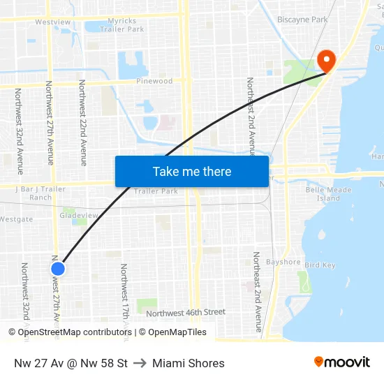 Nw 27 Av @ Nw 58 St to Miami Shores map