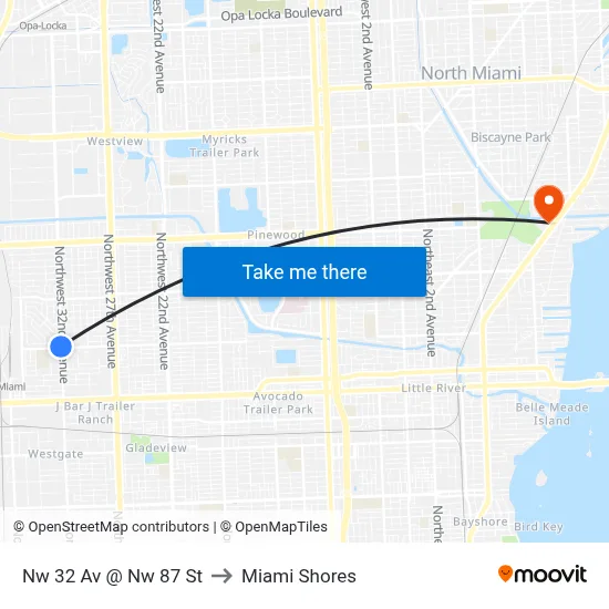 Nw 32 Av @ Nw 87 St to Miami Shores map