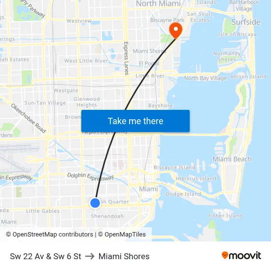 Sw 22 Av & Sw 6 St to Miami Shores map