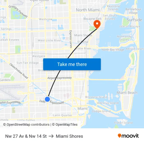 Nw 27 Av & Nw 14 St to Miami Shores map