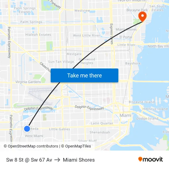 Sw 8 St @ Sw 67 Av to Miami Shores map