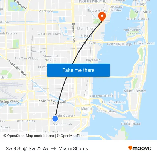 Sw 8 St @ Sw 22 Av to Miami Shores map