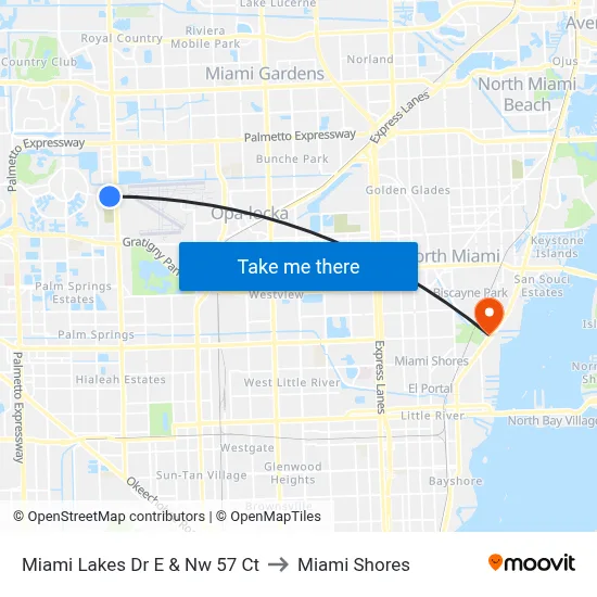 Miami Lakes Dr E & Nw 57 Ct to Miami Shores map