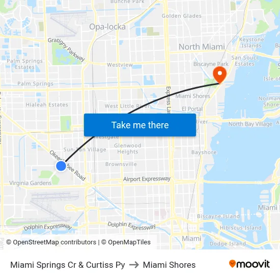 Miami Springs Cr & Curtiss Py to Miami Shores map